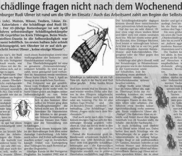 Zeitungsartikel "Schädlinge fragen nicht nach dem Wochenende" - Rudi Ulmer Schädlingsbekämpfung